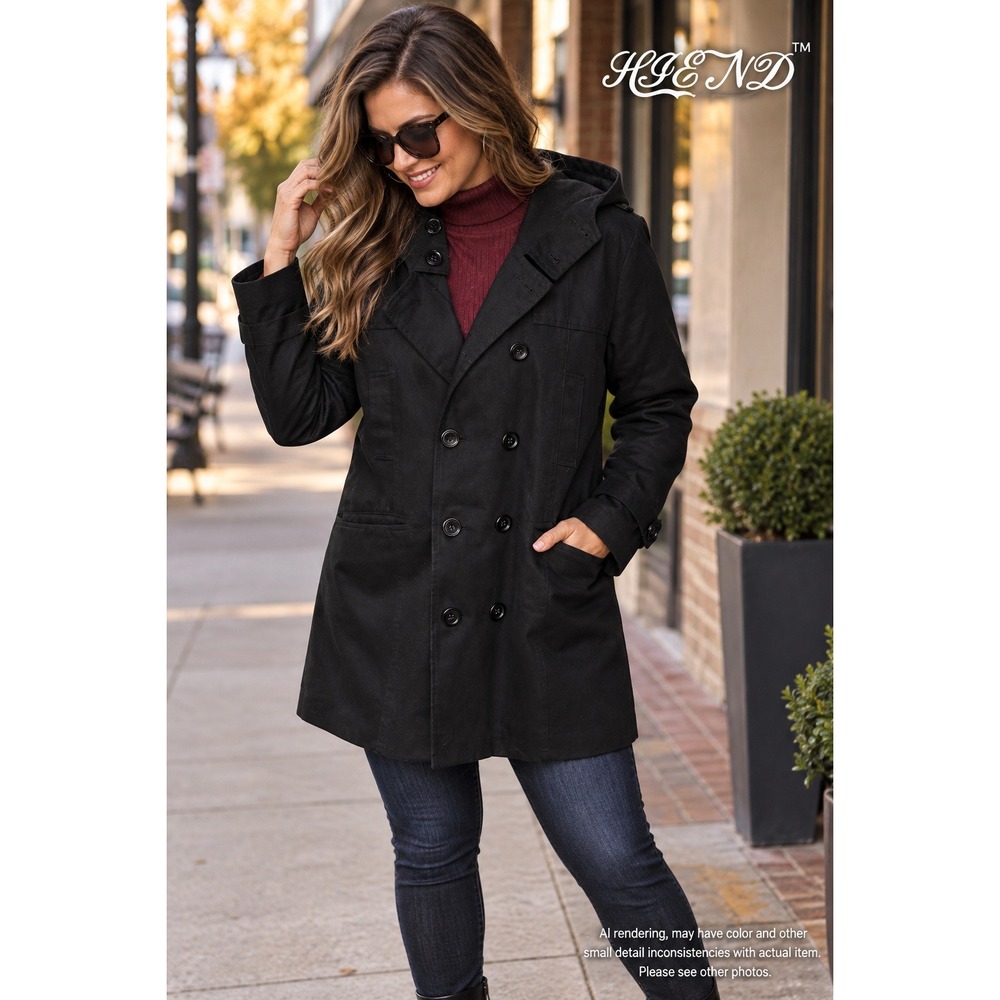 HIEND XL Peacoat Black Double Breasted Hooded Jacket Trench Coat Classic Modern